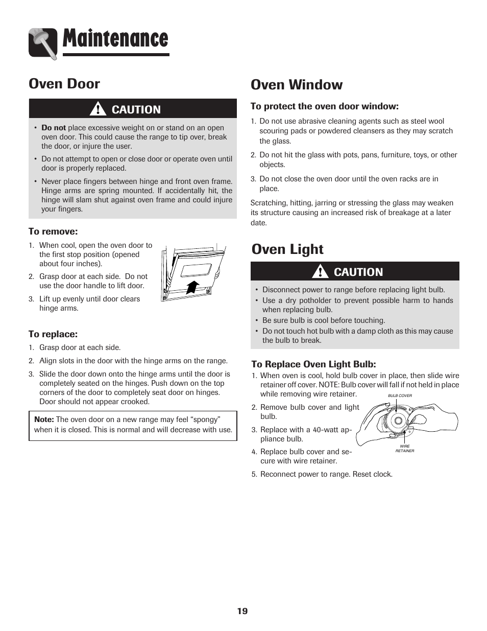Maintenance, Oven door, Oven window | Oven light, Caution | Amana 8113P595-60 User Manual | Page 20 / 76