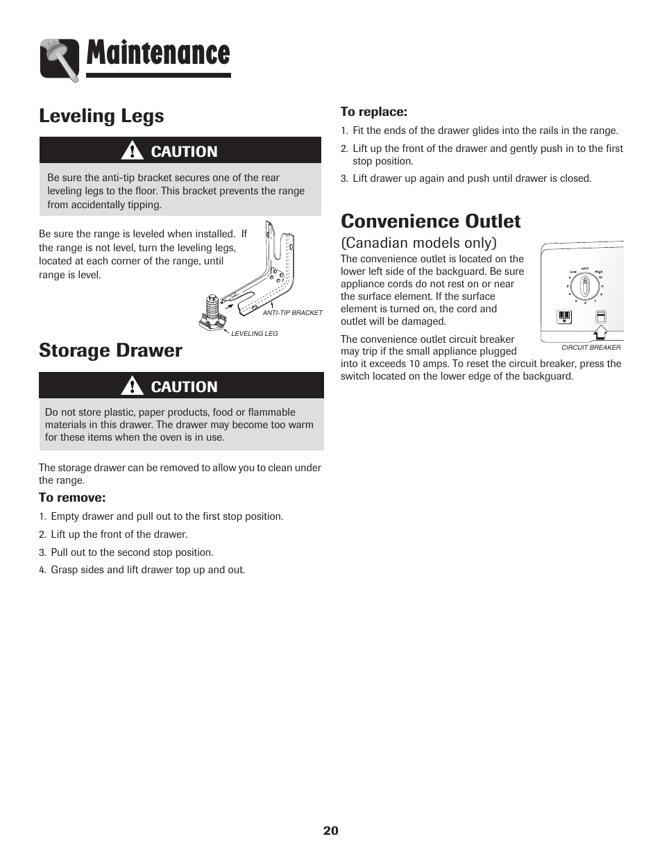 Maintenance, Storage drawer, Convenience outlet | Leveling legs, Caution, Canadian models only) | Amana 8113P595-60 User Manual | Page 21 / 76