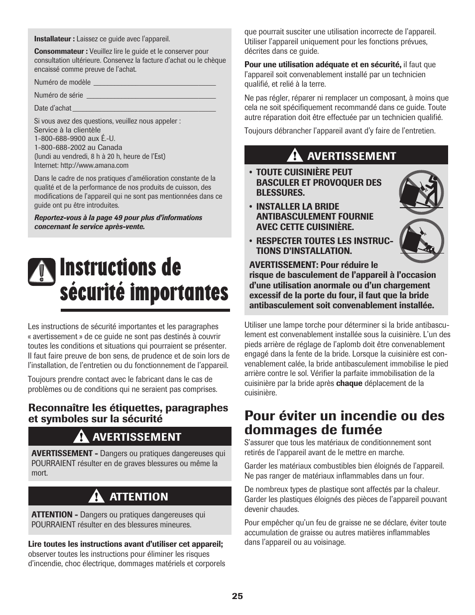 Instructions de sécurité importantes, Pour éviter un incendie ou des dommages de fumée | Amana 8113P595-60 User Manual | Page 26 / 76