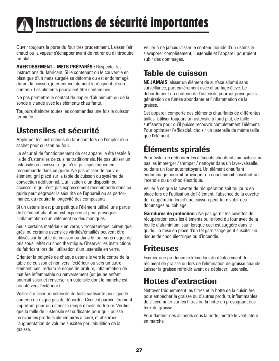 Instructions de sécurité importantes, Ustensiles et sécurité, Table de cuisson | Éléments spiralés, Friteuses, Hottes d’extraction | Amana 8113P595-60 User Manual | Page 28 / 76