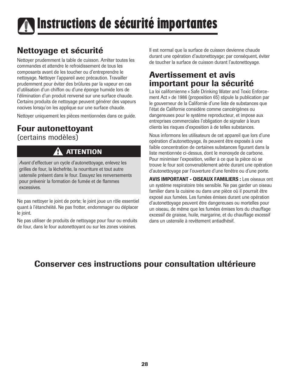 Instructions de sécurité importantes, Nettoyage et sécurité, Four autonettoyant | Avertissement et avis important pour la sécurité | Amana 8113P595-60 User Manual | Page 29 / 76