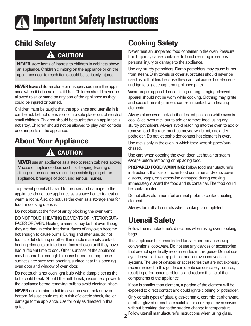 Important safety instructions, About your appliance cooking safety, Utensil safety | Child safety | Amana 8113P595-60 User Manual | Page 3 / 76