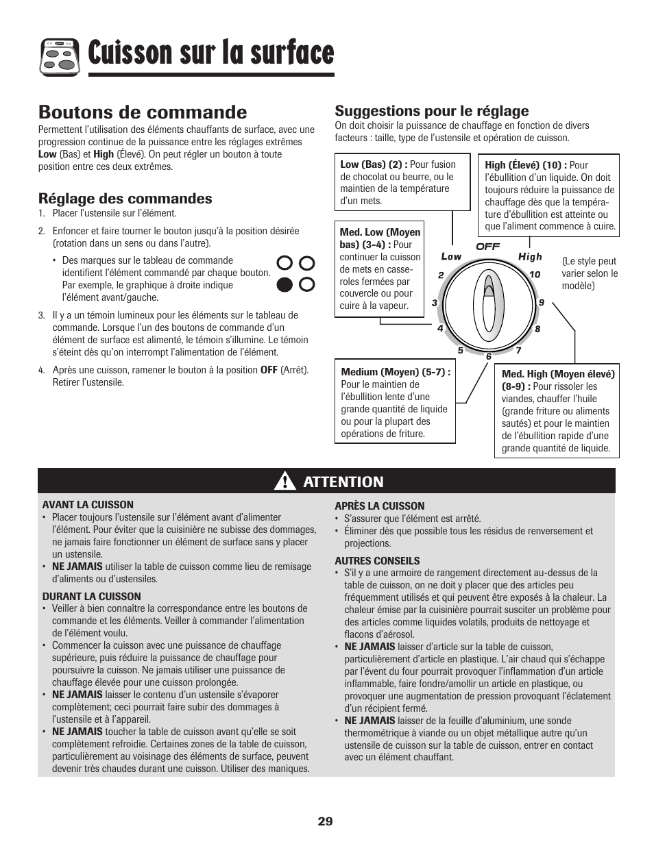 Cuisson sur la surface, Boutons de commande, Réglage des commandes | Attention suggestions pour le réglage | Amana 8113P595-60 User Manual | Page 30 / 76