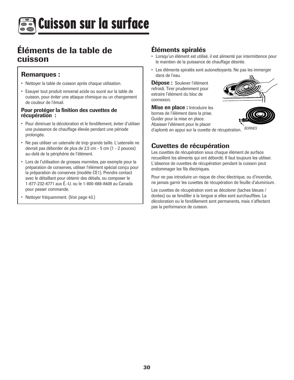 Cuisson sur la surface, Éléments de la table de cuisson, Éléments spiralés | Cuvettes de récupération, Remarques | Amana 8113P595-60 User Manual | Page 31 / 76