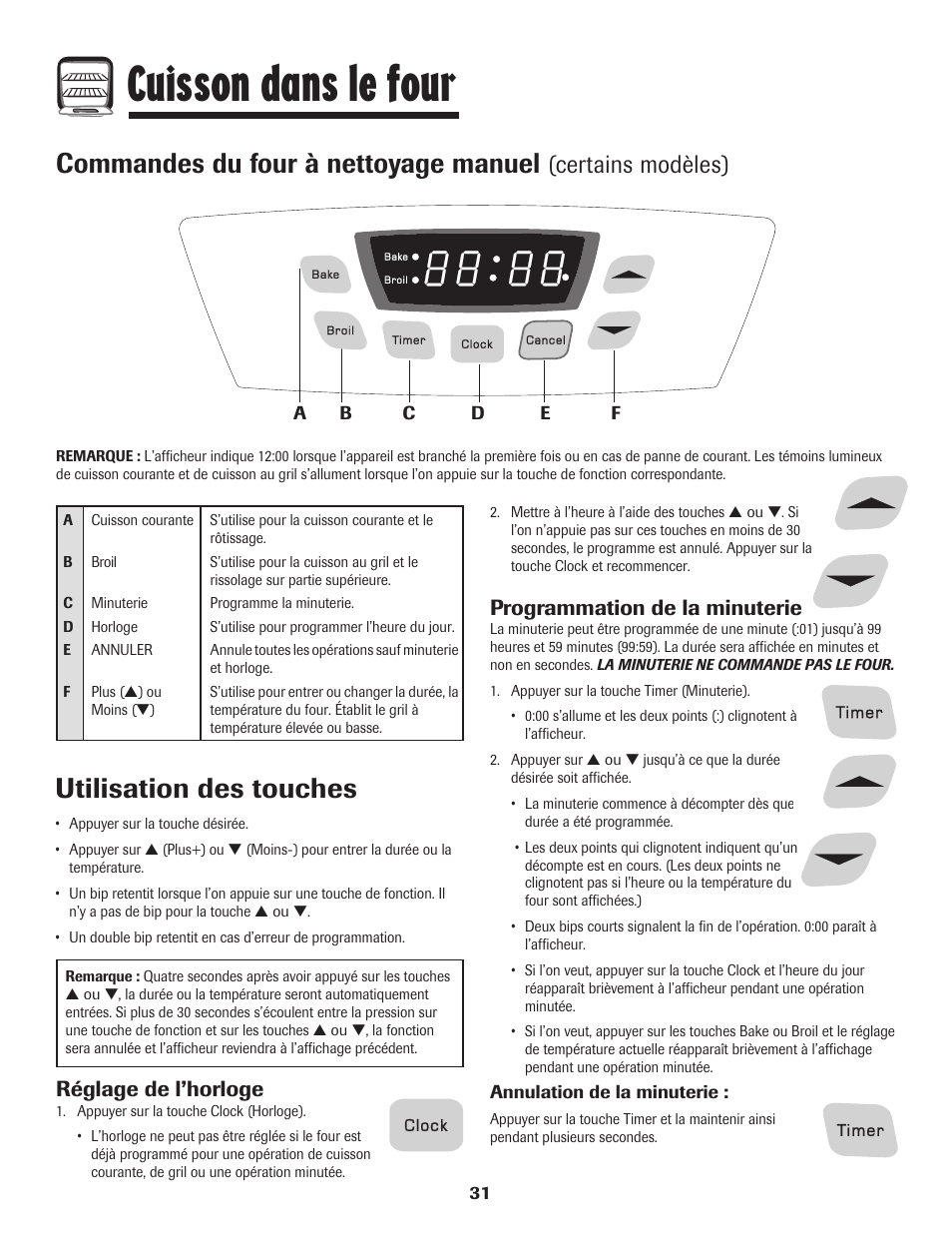 Cuisson dans le four, Commandes du four à nettoyage manuel, Utilisation des touches | Certains modèles), Réglage de l’horloge, Programmation de la minuterie | Amana 8113P595-60 User Manual | Page 32 / 76
