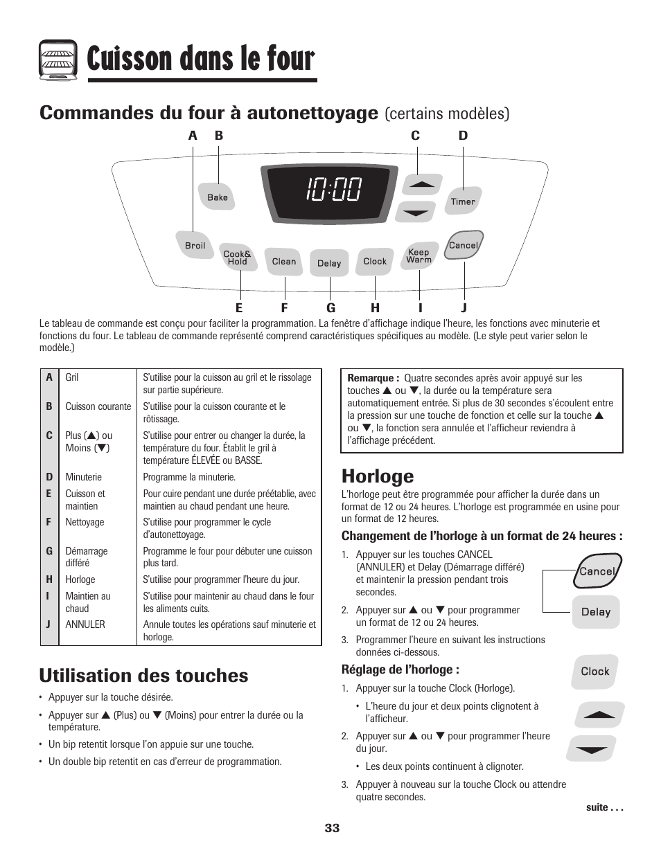 Cuisson dans le four, Horloge, Commandes du four à autonettoyage | Utilisation des touches, Certains modèles) | Amana 8113P595-60 User Manual | Page 34 / 76