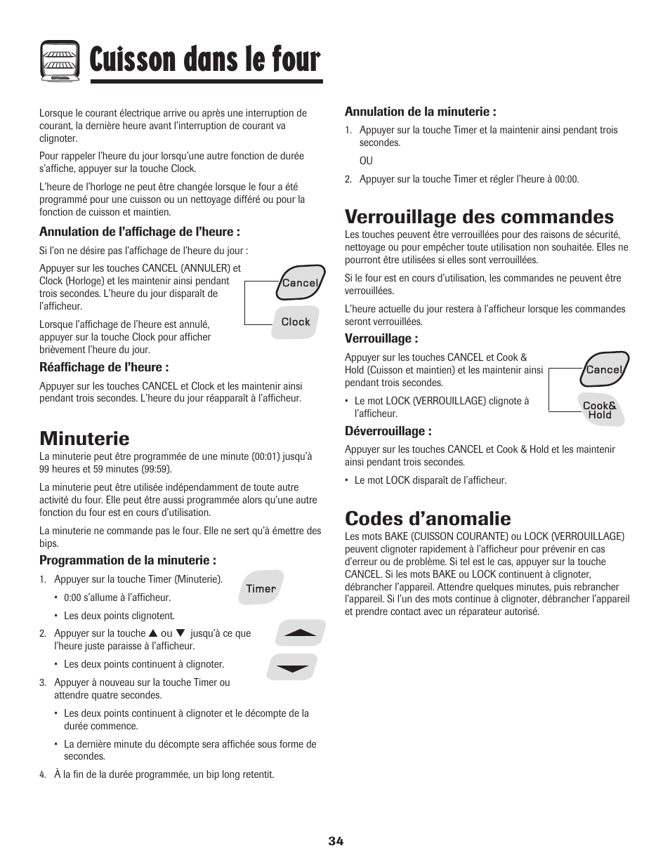 Cuisson dans le four, Minuterie, Verrouillage des commandes | Codes d’anomalie | Amana 8113P595-60 User Manual | Page 35 / 76