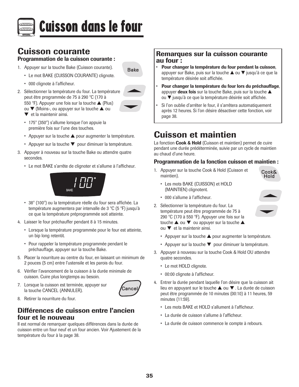 Cuisson dans le four, Cuisson courante, Cuisson et maintien | Remarques sur la cuisson courante au four | Amana 8113P595-60 User Manual | Page 36 / 76