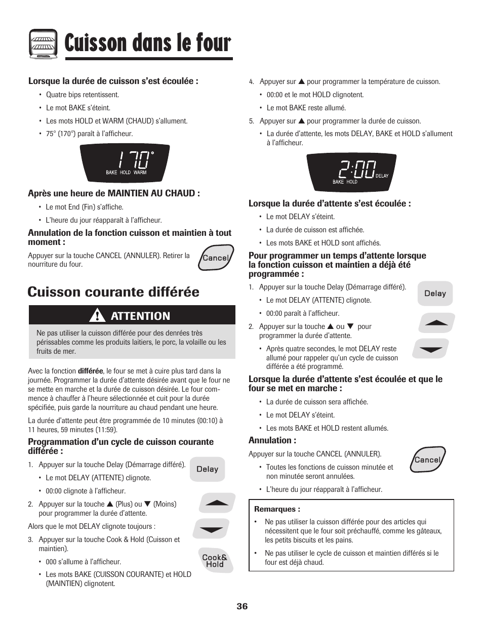 Cuisson dans le four, Cuisson courante différée, Attention | Amana 8113P595-60 User Manual | Page 37 / 76