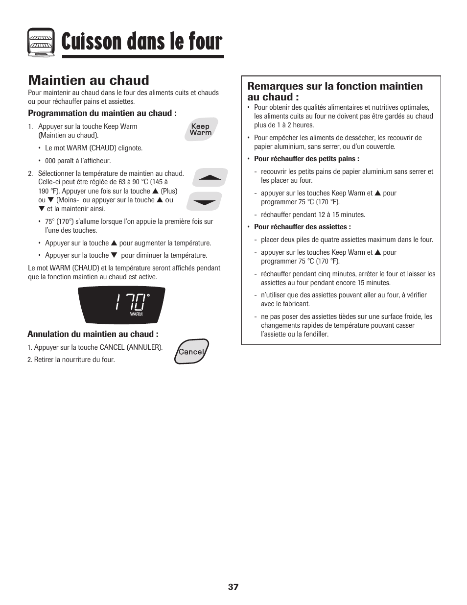 Cuisson dans le four, Maintien au chaud, Remarques sur la fonction maintien au chaud | Amana 8113P595-60 User Manual | Page 38 / 76