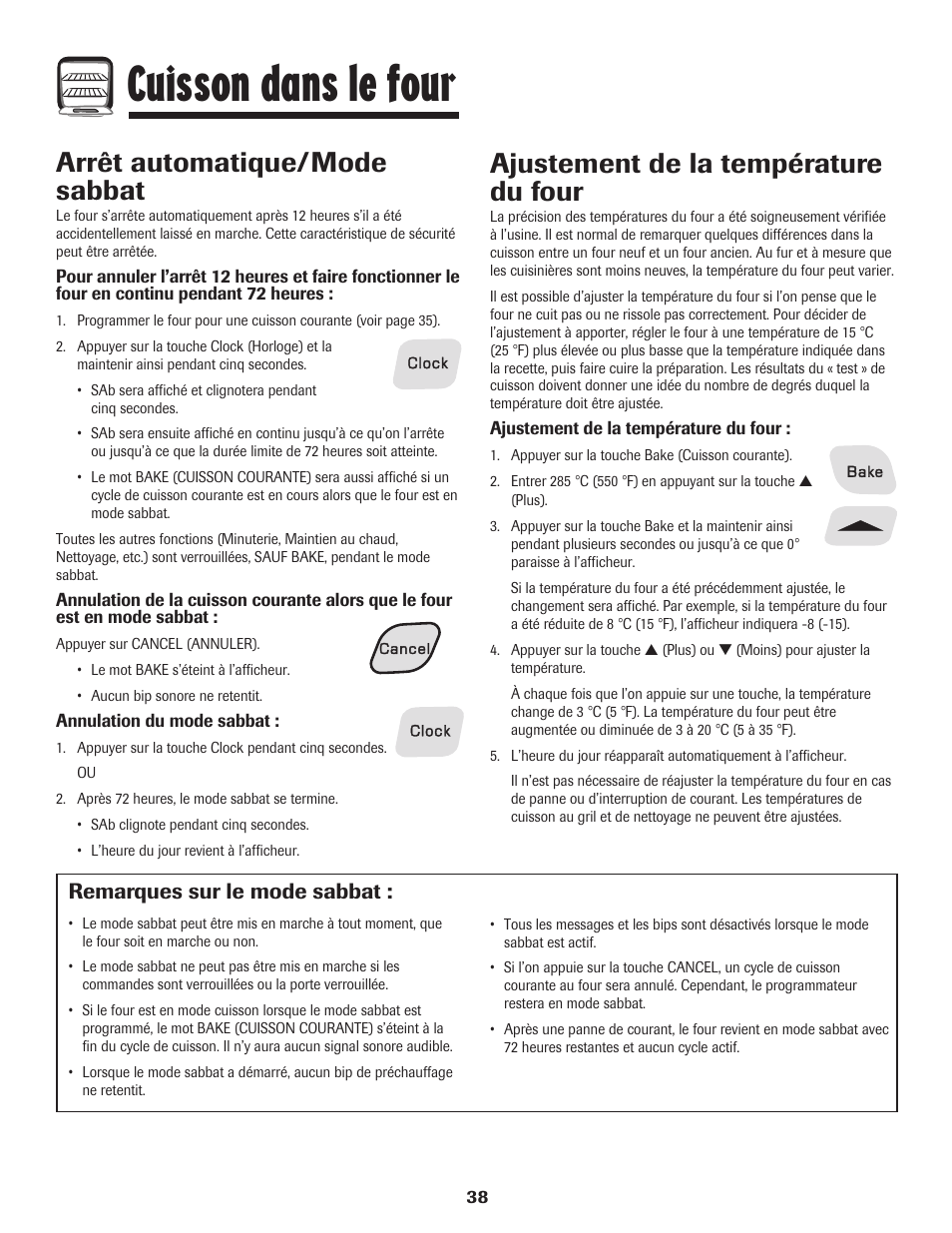 Cuisson dans le four, Arrêt automatique/mode sabbat, Ajustement de la température du four | Remarques sur le mode sabbat | Amana 8113P595-60 User Manual | Page 39 / 76