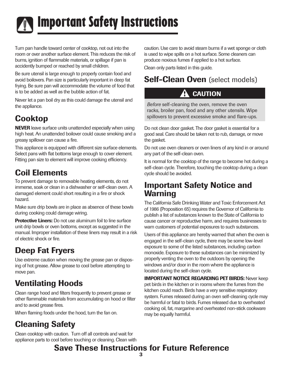 Important safety instructions, Self-clean oven, Important safety notice and warning | Cooktop, Coil elements, Deep fat fryers, Ventilating hoods, Cleaning safety, Save these instructions for future reference | Amana 8113P595-60 User Manual | Page 4 / 76