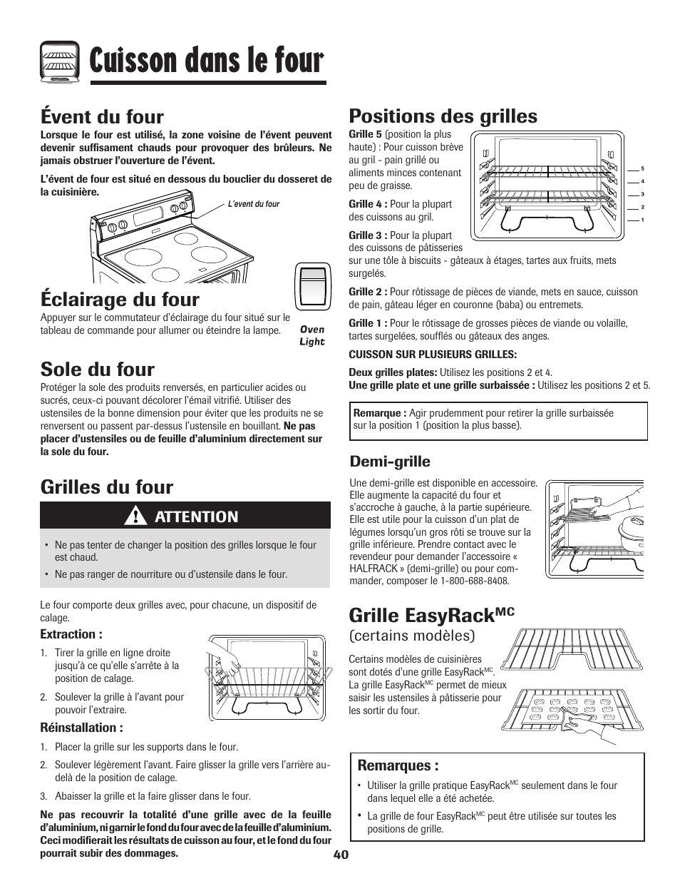 Cuisson dans le four, Éclairage du four, Sole du four | Évent du four, Grilles du four, Positions des grilles, Grille easyrack, Attention, Demi-grille, Certains modèles) | Amana 8113P595-60 User Manual | Page 41 / 76