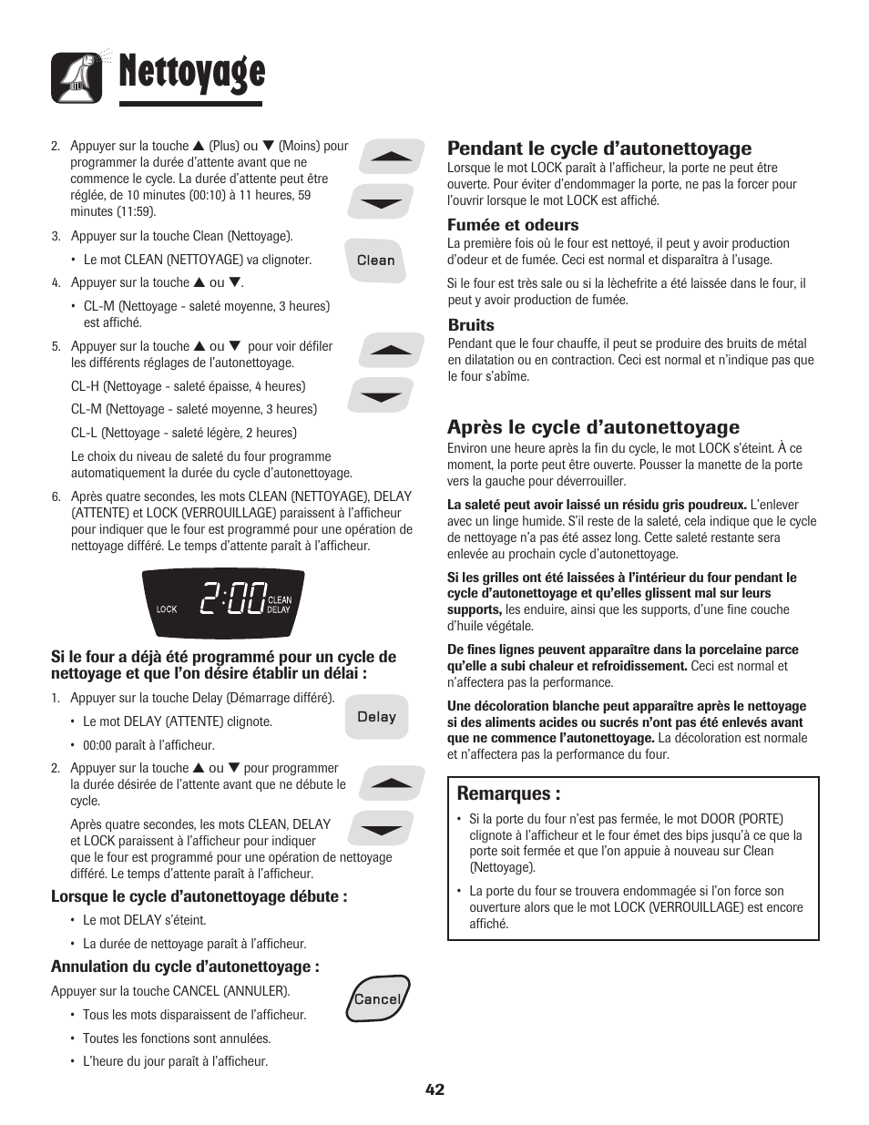 Nettoyage, Remarques, Pendant le cycle d’autonettoyage | Après le cycle d’autonettoyage | Amana 8113P595-60 User Manual | Page 43 / 76