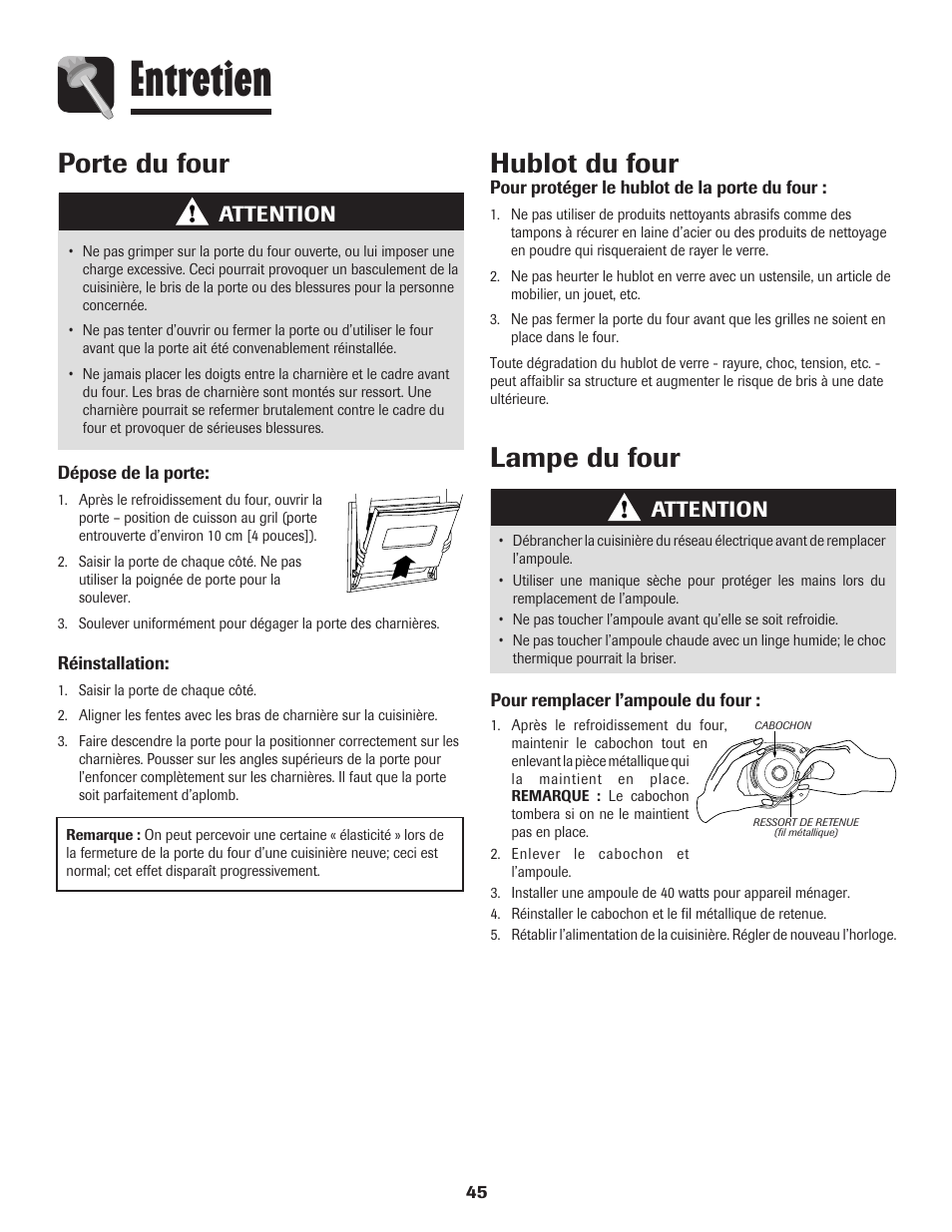 Entretien, Porte du four, Hublot du four | Lampe du four, Attention | Amana 8113P595-60 User Manual | Page 46 / 76