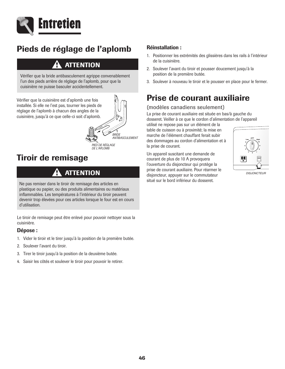 Entretien, Tiroir de remisage, Prise de courant auxiliaire | Pieds de réglage de l’aplomb, Attention | Amana 8113P595-60 User Manual | Page 47 / 76
