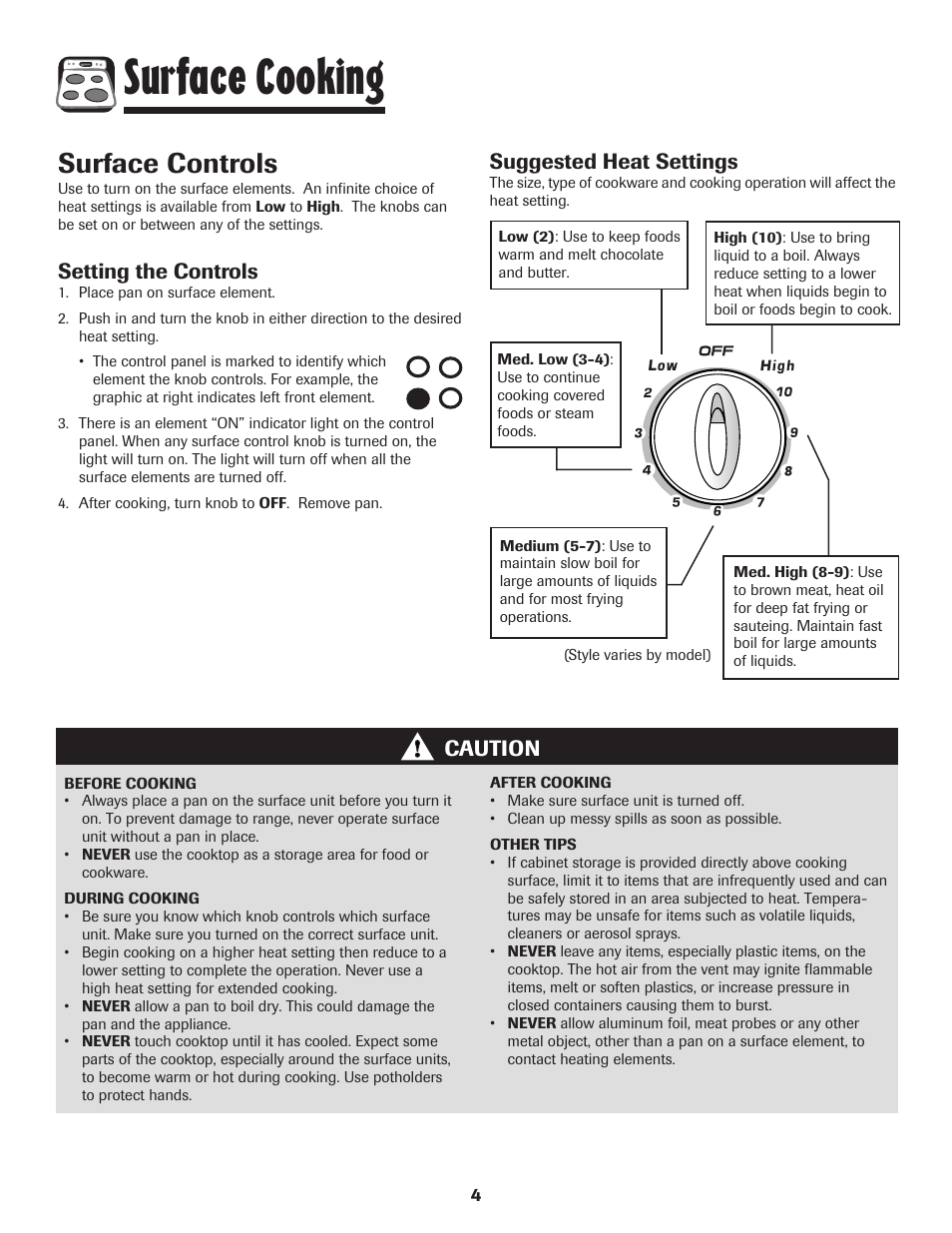 Surface cooking, Surface controls, Setting the controls | Caution suggested heat settings | Amana 8113P595-60 User Manual | Page 5 / 76