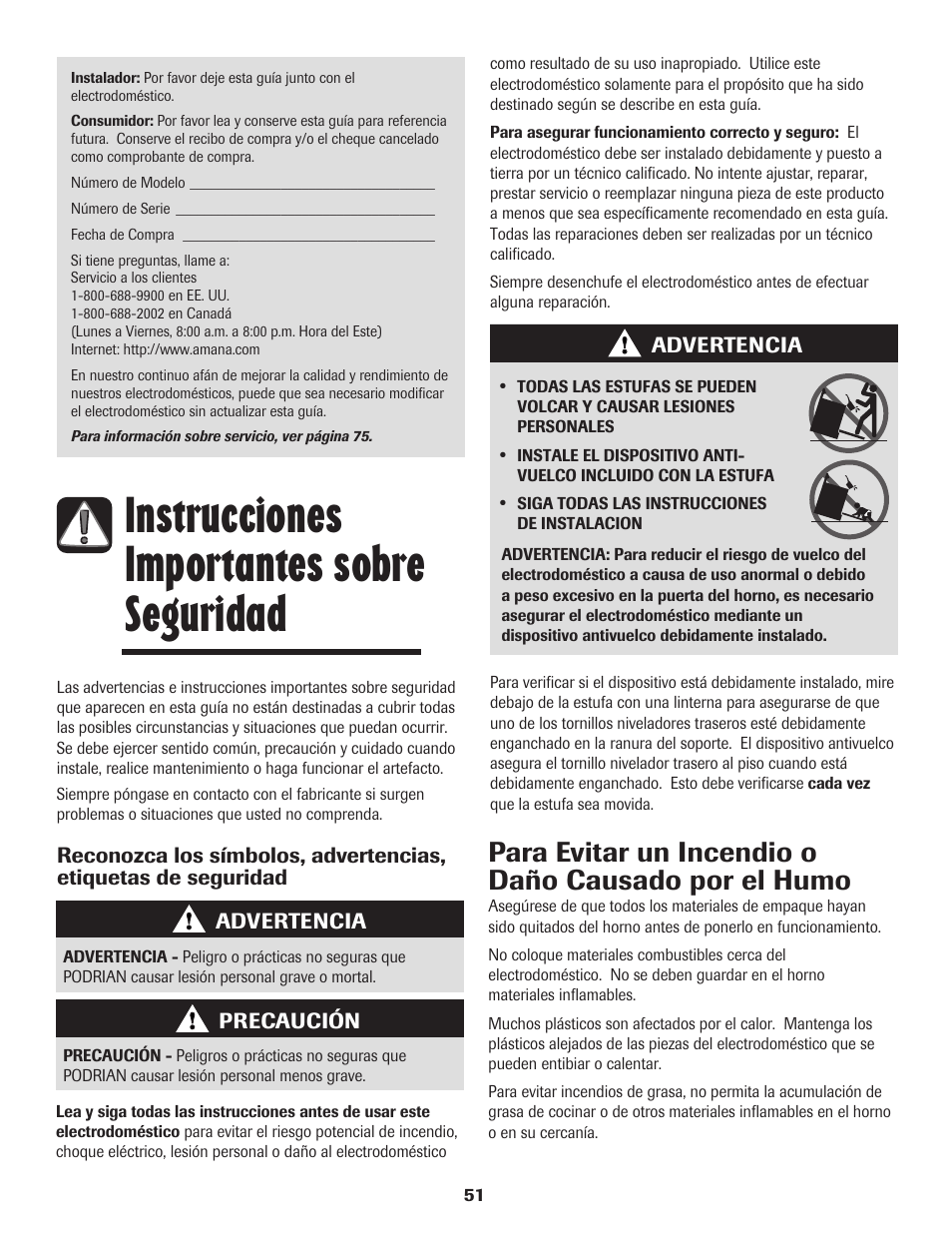 Instrucciones importantes sobre seguridad, Para evitar un incendio o daño causado por el humo | Amana 8113P595-60 User Manual | Page 52 / 76