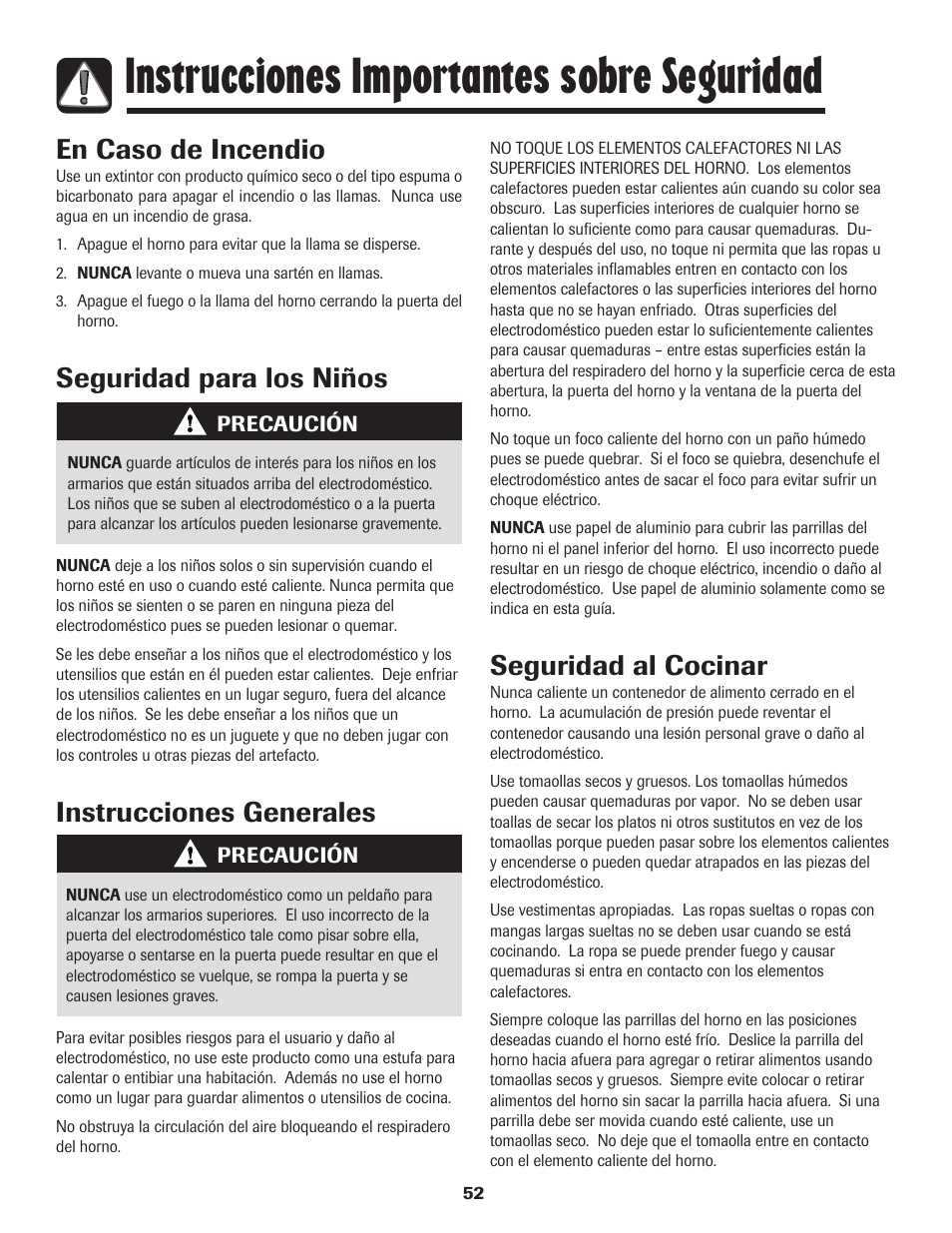 Instrucciones importantes sobre seguridad, En caso de incendio, Seguridad para los niños | Instrucciones generales, Seguridad al cocinar | Amana 8113P595-60 User Manual | Page 53 / 76