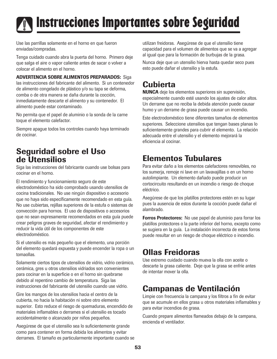 Instrucciones importantes sobre seguridad, Seguridad sobre el uso de utensilios, Cubierta | Elementos tubulares, Ollas freidoras, Campanas de ventilación | Amana 8113P595-60 User Manual | Page 54 / 76