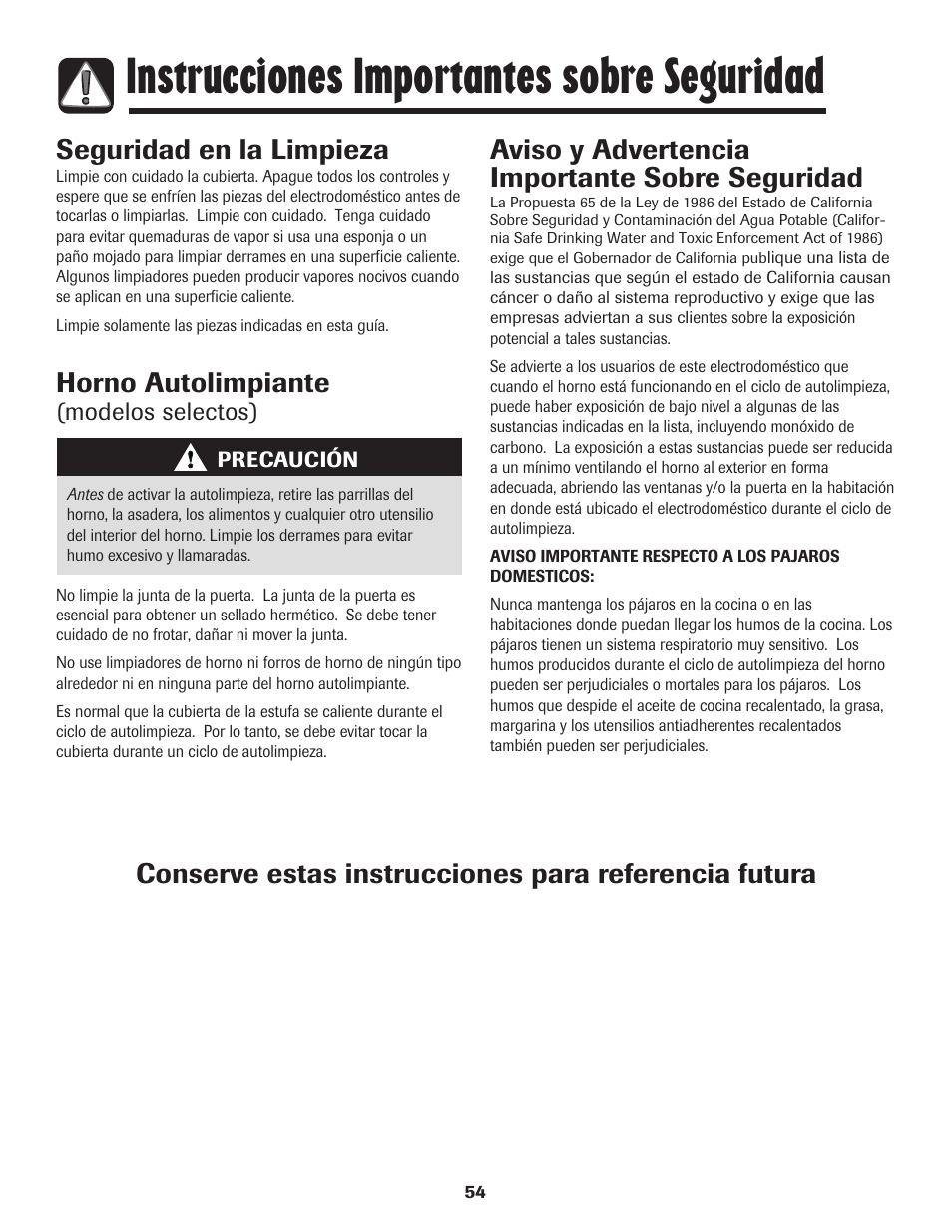 Instrucciones importantes sobre seguridad, Seguridad en la limpieza, Horno autolimpiante | Aviso y advertencia importante sobre seguridad | Amana 8113P595-60 User Manual | Page 55 / 76