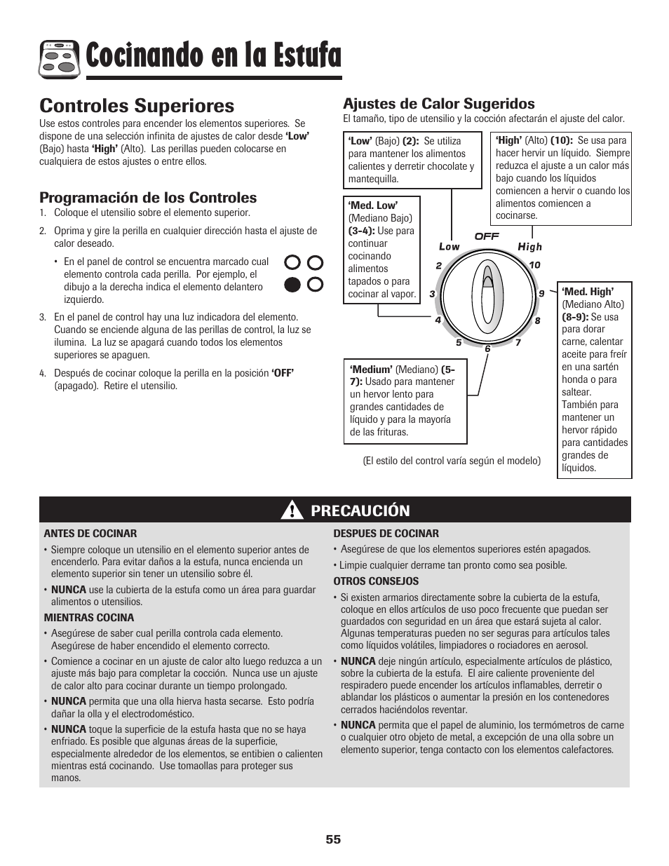 Cocinando en la estufa, Controles superiores, Programación de los controles | Precaución, Ajustes de calor sugeridos | Amana 8113P595-60 User Manual | Page 56 / 76