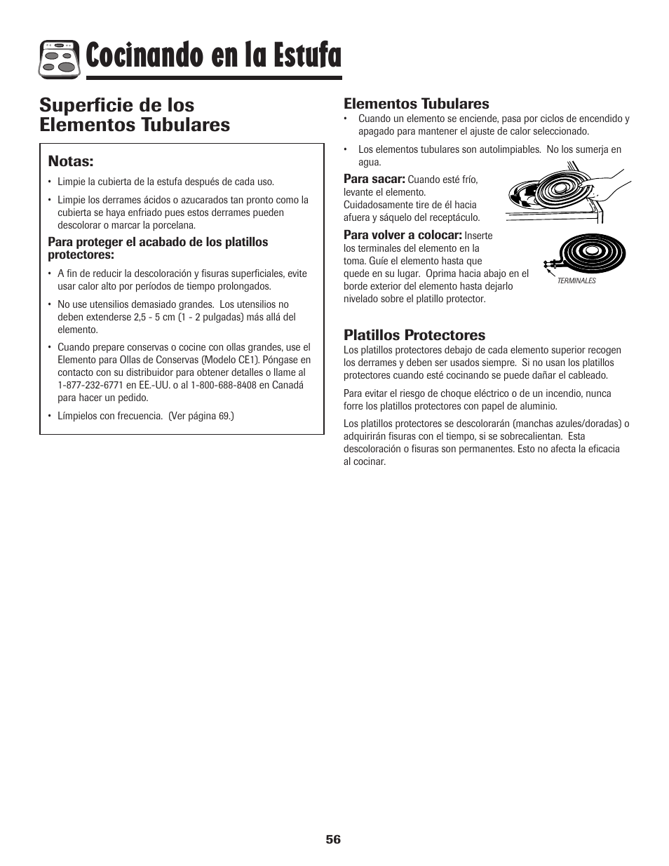 Cocinando en la estufa, Superficie de los elementos tubulares, Elementos tubulares | Platillos protectores, Notas | Amana 8113P595-60 User Manual | Page 57 / 76