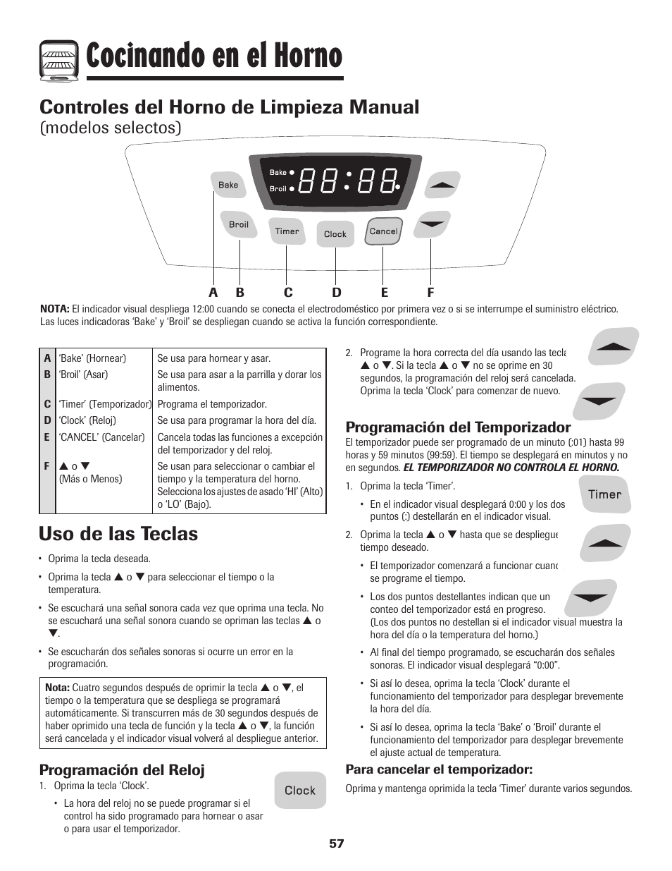 Cocinando en el horno, Controles del horno de limpieza manual, Uso de las teclas | Modelos selectos), Programación del reloj, Programación del temporizador | Amana 8113P595-60 User Manual | Page 58 / 76