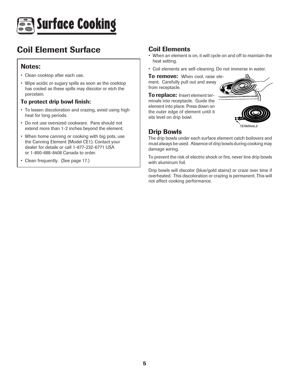 Surface cooking, Coil element surface, Coil elements | Drip bowls | Amana 8113P595-60 User Manual | Page 6 / 76