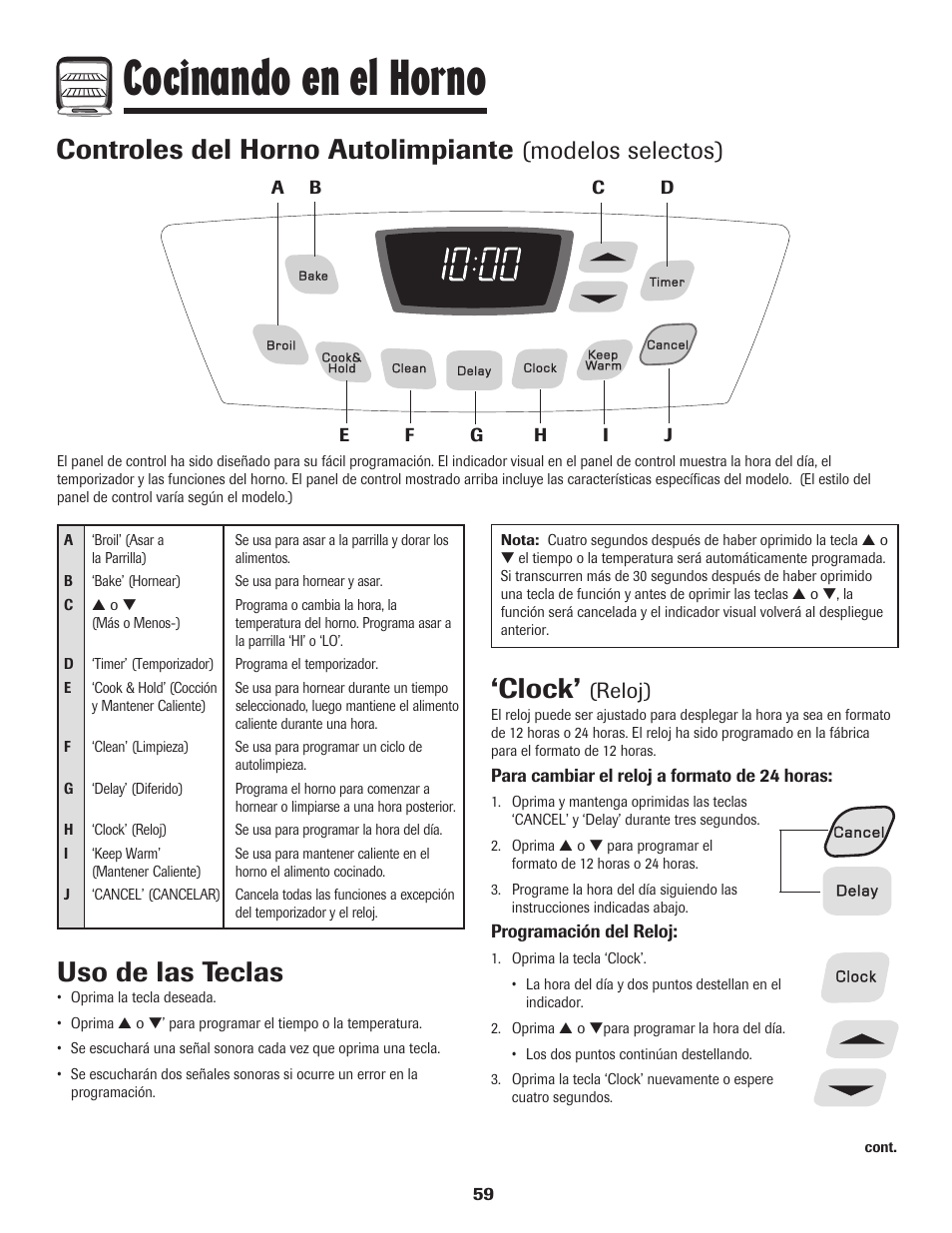 Cocinando en el horno, Controles del horno autolimpiante, Clock | Uso de las teclas, Modelos selectos), Reloj) | Amana 8113P595-60 User Manual | Page 60 / 76