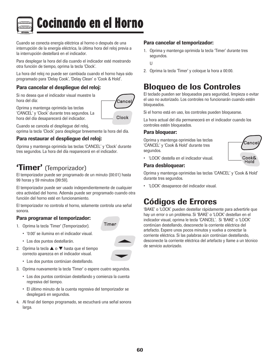 Cocinando en el horno, Timer, Bloqueo de los controles | Códigos de errores, Temporizador) | Amana 8113P595-60 User Manual | Page 61 / 76