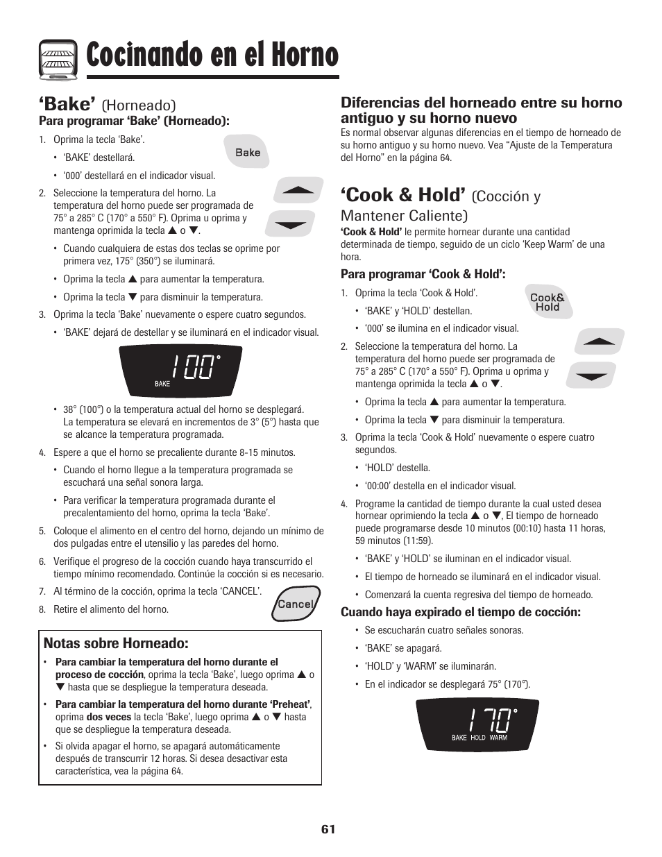 Cocinando en el horno, Bake, Cook & hold | Notas sobre horneado, Horneado), Cocción y mantener caliente) | Amana 8113P595-60 User Manual | Page 62 / 76
