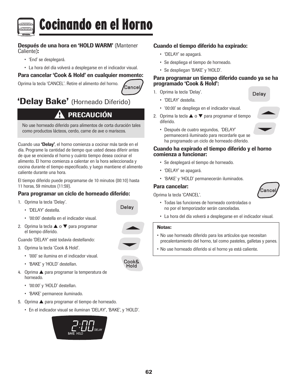 Cocinando en el horno, Delay bake, Precaución | Horneado diferido) | Amana 8113P595-60 User Manual | Page 63 / 76