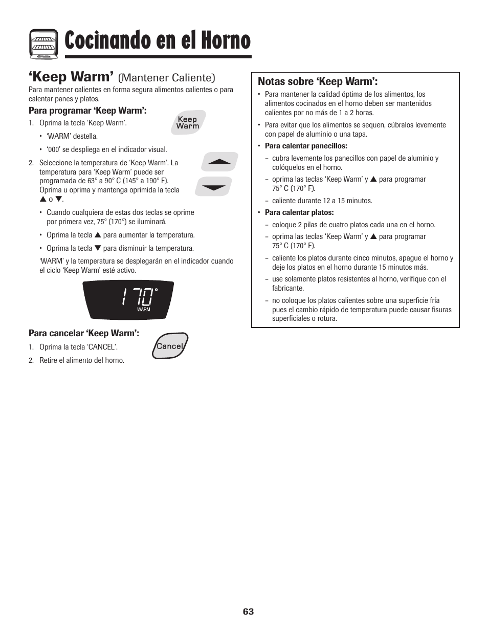 Cocinando en el horno, Keep warm, Mantener caliente) | Notas sobre ‘keep warm | Amana 8113P595-60 User Manual | Page 64 / 76