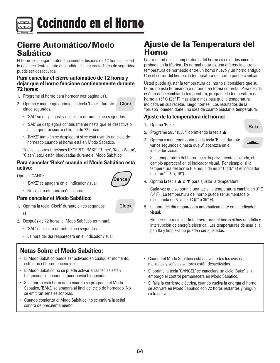Cocinando en el horno, Cierre automático/modo sabático, Ajuste de la temperatura del horno | Notas sobre el modo sabático | Amana 8113P595-60 User Manual | Page 65 / 76