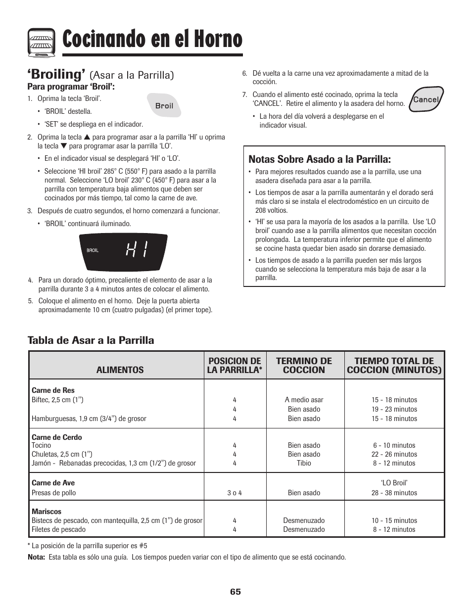 Cocinando en el horno, Broiling, Asar a la parrilla) | Notas sobre asado a la parrilla, Tabla de asar a la parrilla | Amana 8113P595-60 User Manual | Page 66 / 76
