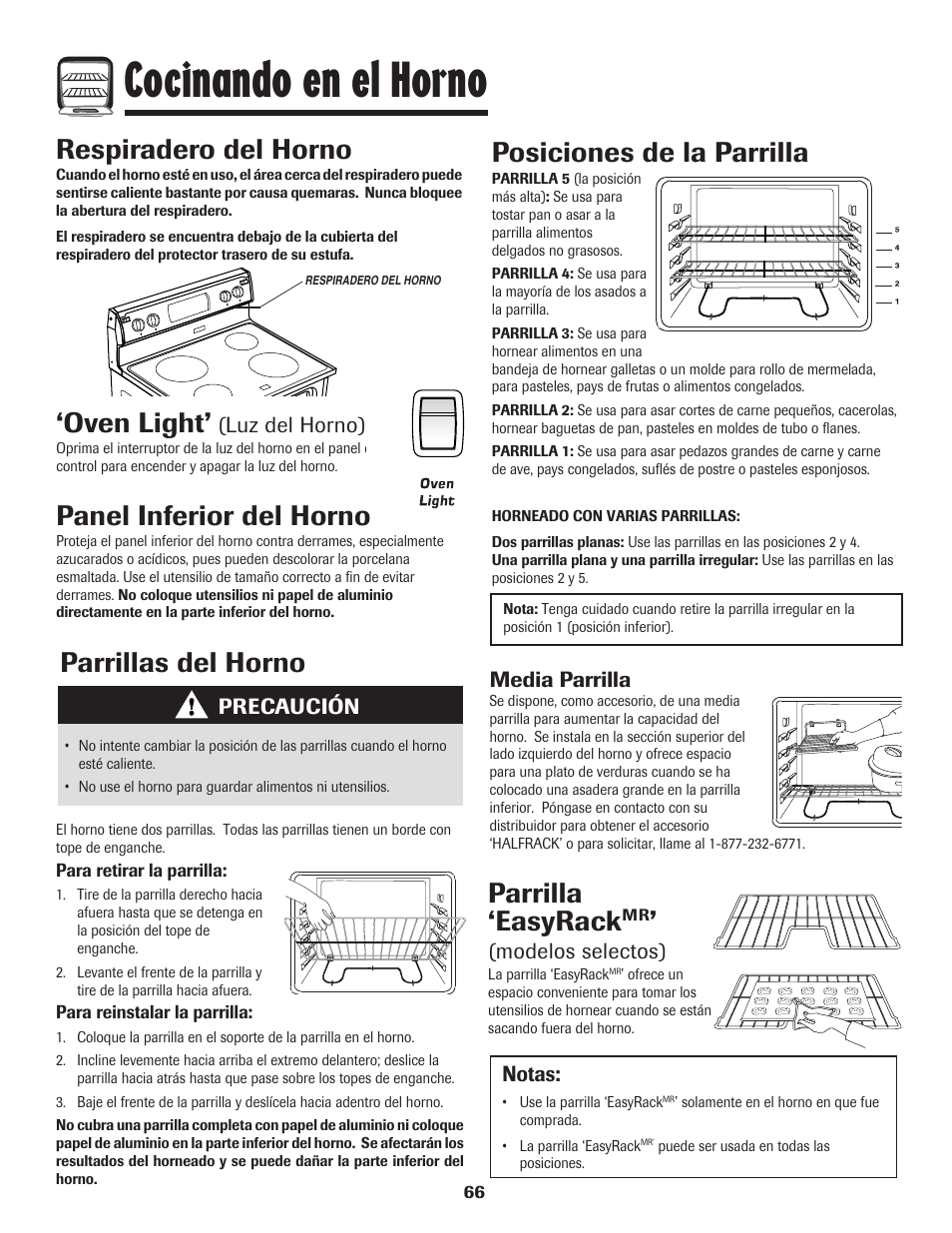 Cocinando en el horno, Panel inferior del horno, Oven light | Parrillas del horno, Posiciones de la parrilla, Respiradero del horno, Parrilla ‘easyrack | Amana 8113P595-60 User Manual | Page 67 / 76