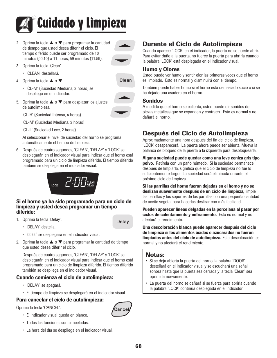 Cuidado y limpieza, Notas, Durante el ciclo de autolimpieza | Después del ciclo de autolimpieza | Amana 8113P595-60 User Manual | Page 69 / 76