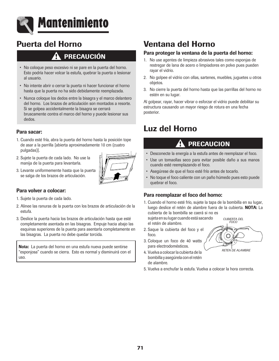 Mantenimiento, Puerta del horno, Ventana del horno | Luz del horno, Precaución, Precaucion | Amana 8113P595-60 User Manual | Page 72 / 76