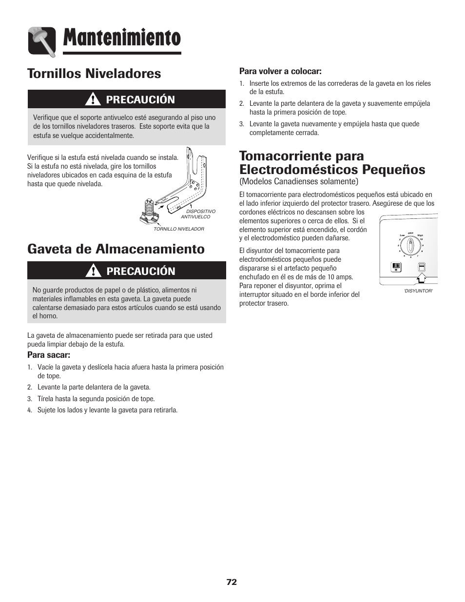 Mantenimiento, Gaveta de almacenamiento, Tomacorriente para electrodomésticos pequeños | Tornillos niveladores, Precaución | Amana 8113P595-60 User Manual | Page 73 / 76