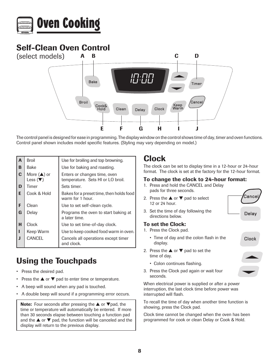 Oven cooking, Self-clean oven control, Using the touchpads | Clock, Select models) | Amana 8113P595-60 User Manual | Page 9 / 76