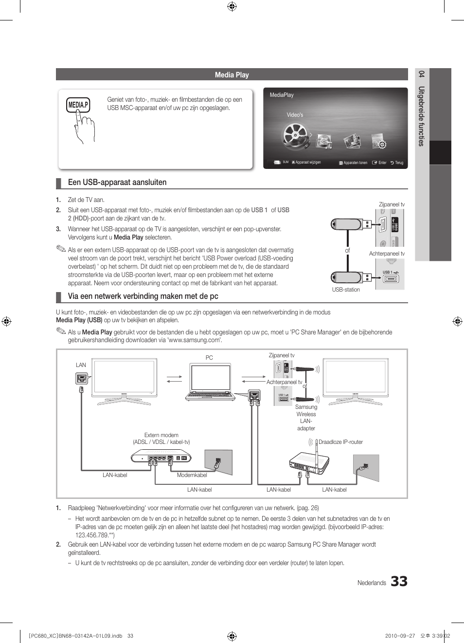 Een usb-apparaat aansluiten, Via een netwerk verbinding maken met de pc | Samsung PS50C680G5W User Manual | Page 189 / 474