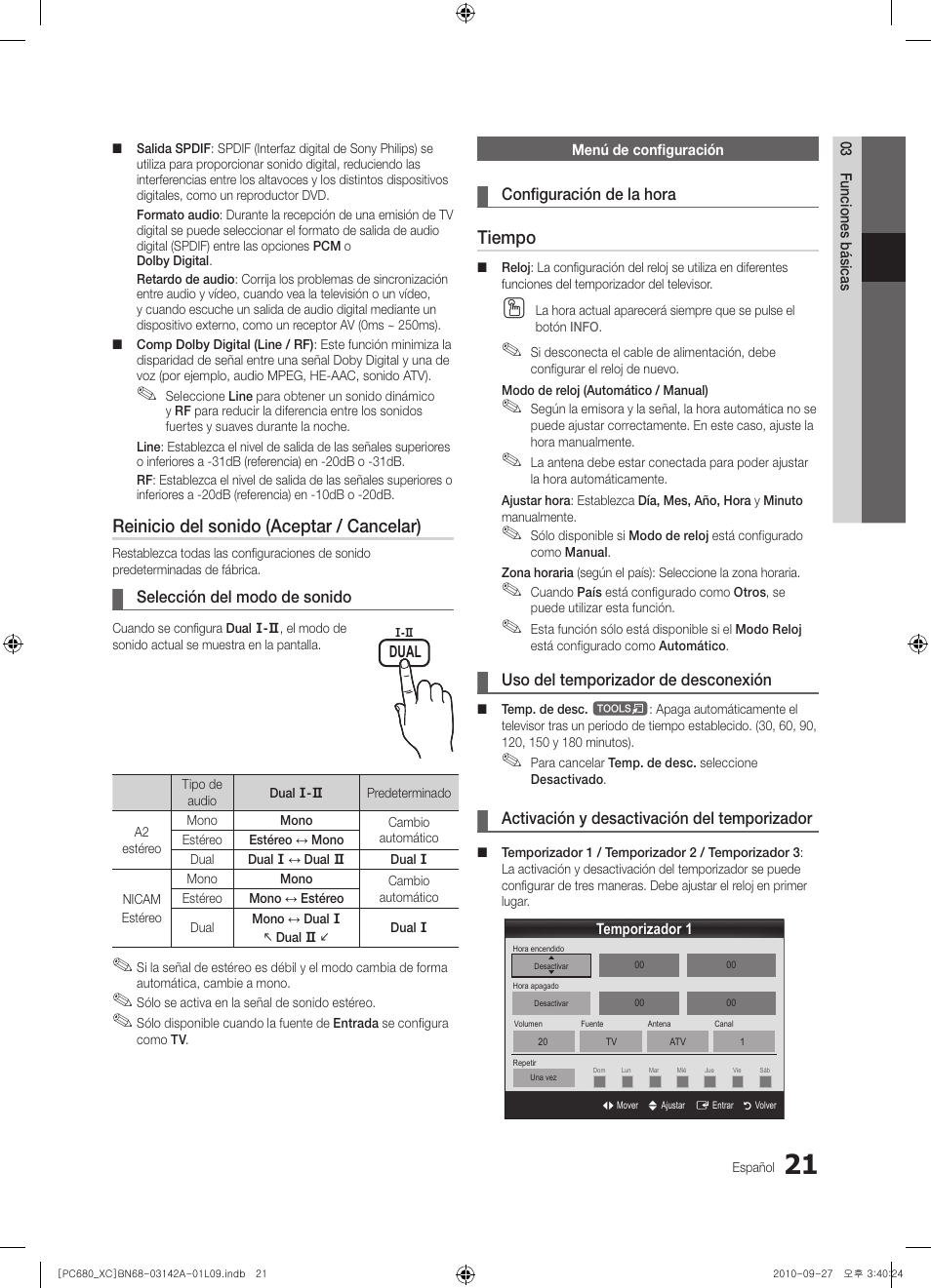 Reinicio del sonido (aceptar / cancelar), Tiempo | Samsung PS50C680G5W User Manual | Page 283 / 474