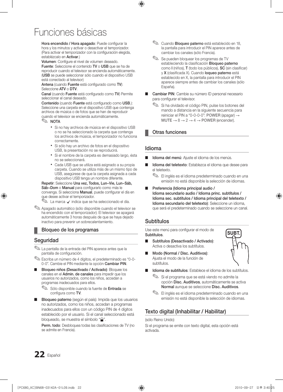 Funciones básicas, Seguridad, Idioma | Subtítulos, Texto digital (inhabilitar / habilitar) | Samsung PS50C680G5W User Manual | Page 284 / 474