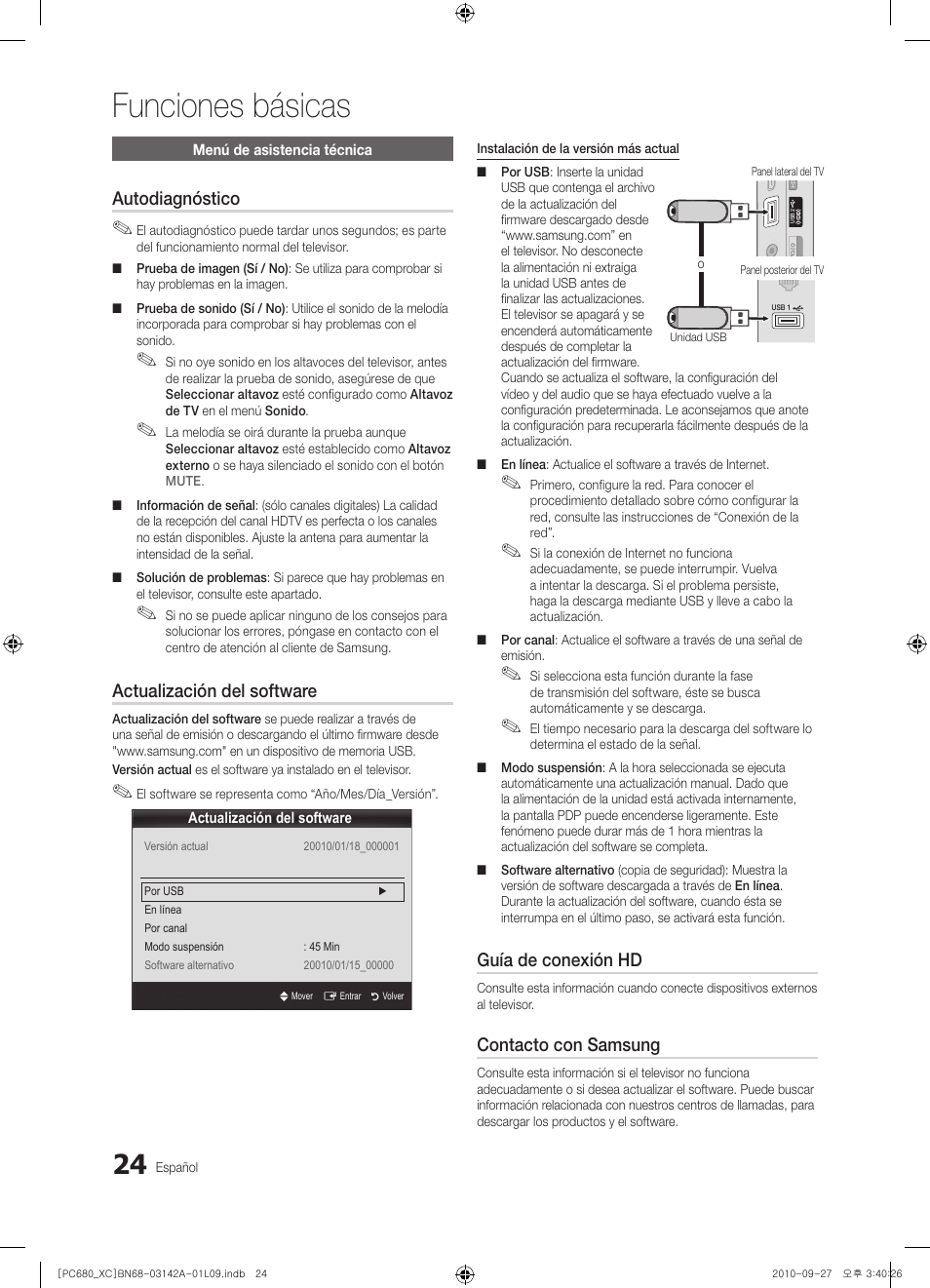 Funciones básicas, Autodiagnóstico, Actualización del software | Guía de conexión hd, Contacto con samsung | Samsung PS50C680G5W User Manual | Page 286 / 474