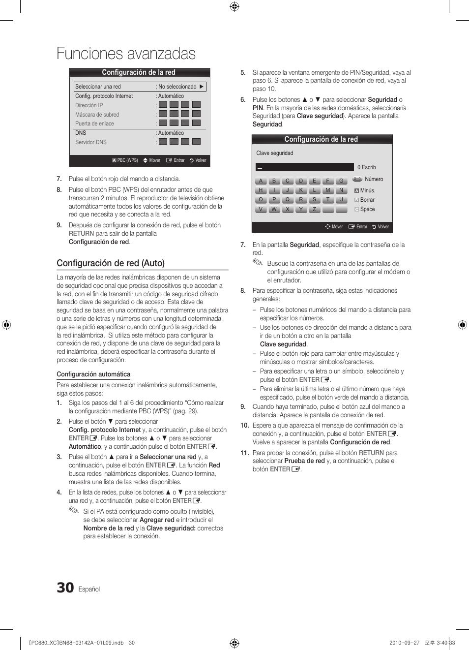 Funciones avanzadas, Configuración de red (auto) | Samsung PS50C680G5W User Manual | Page 292 / 474