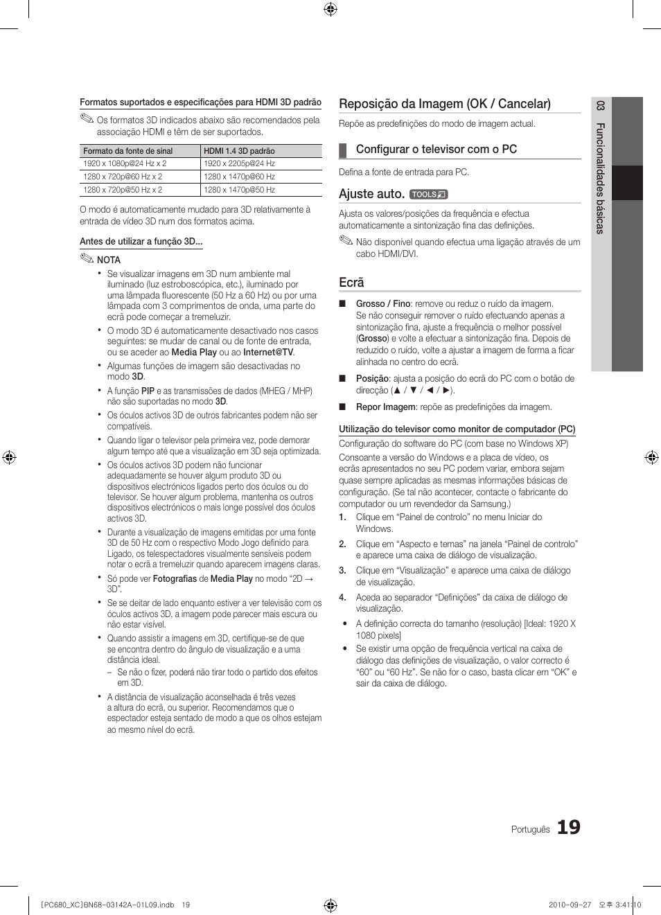 Reposição da imagem (ok / cancelar), Ajuste auto, Ecrã | Samsung PS50C680G5W User Manual | Page 333 / 474