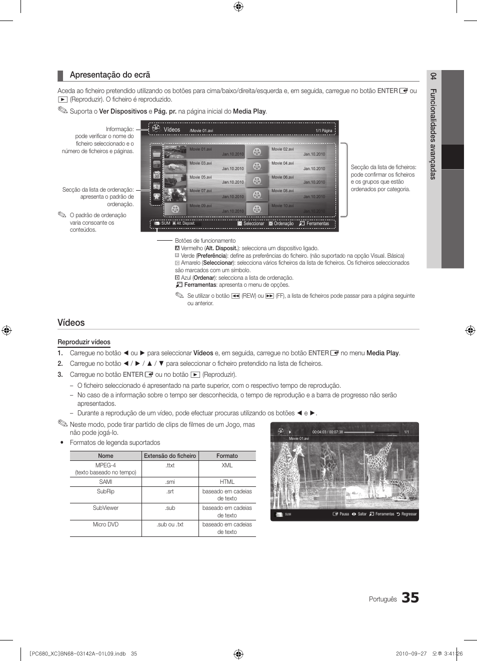 Vídeos, Apresentação do ecrã | Samsung PS50C680G5W User Manual | Page 349 / 474