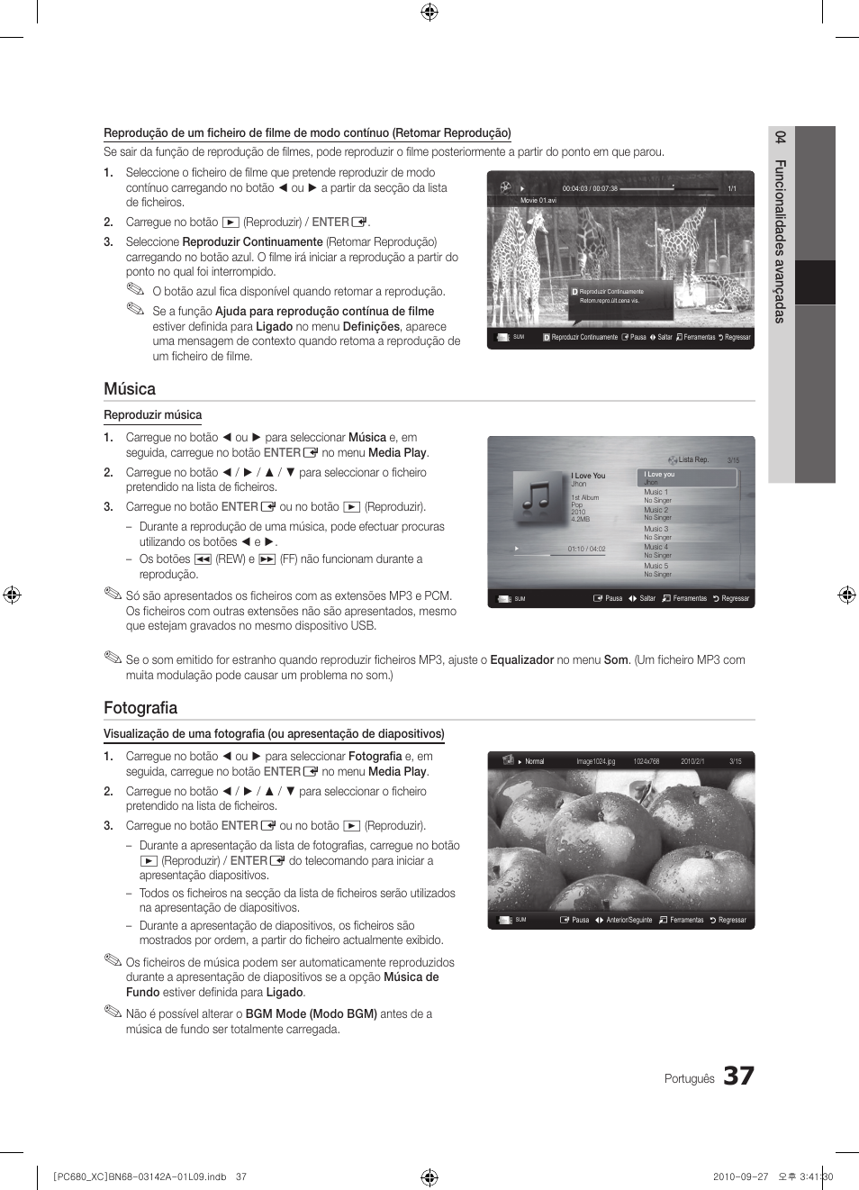 Música, Fotografia | Samsung PS50C680G5W User Manual | Page 351 / 474