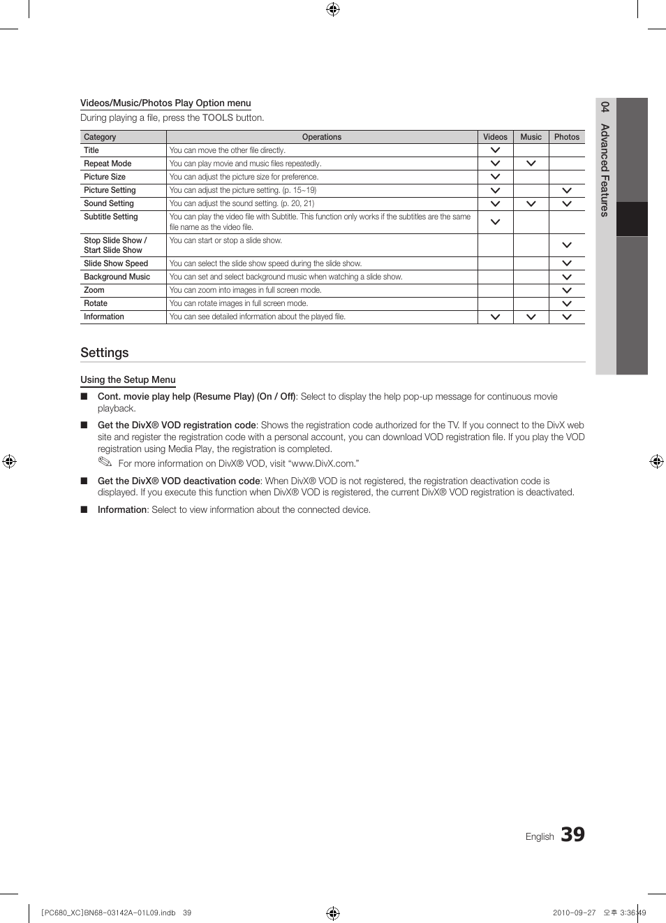 Settings | Samsung PS50C680G5W User Manual | Page 39 / 474